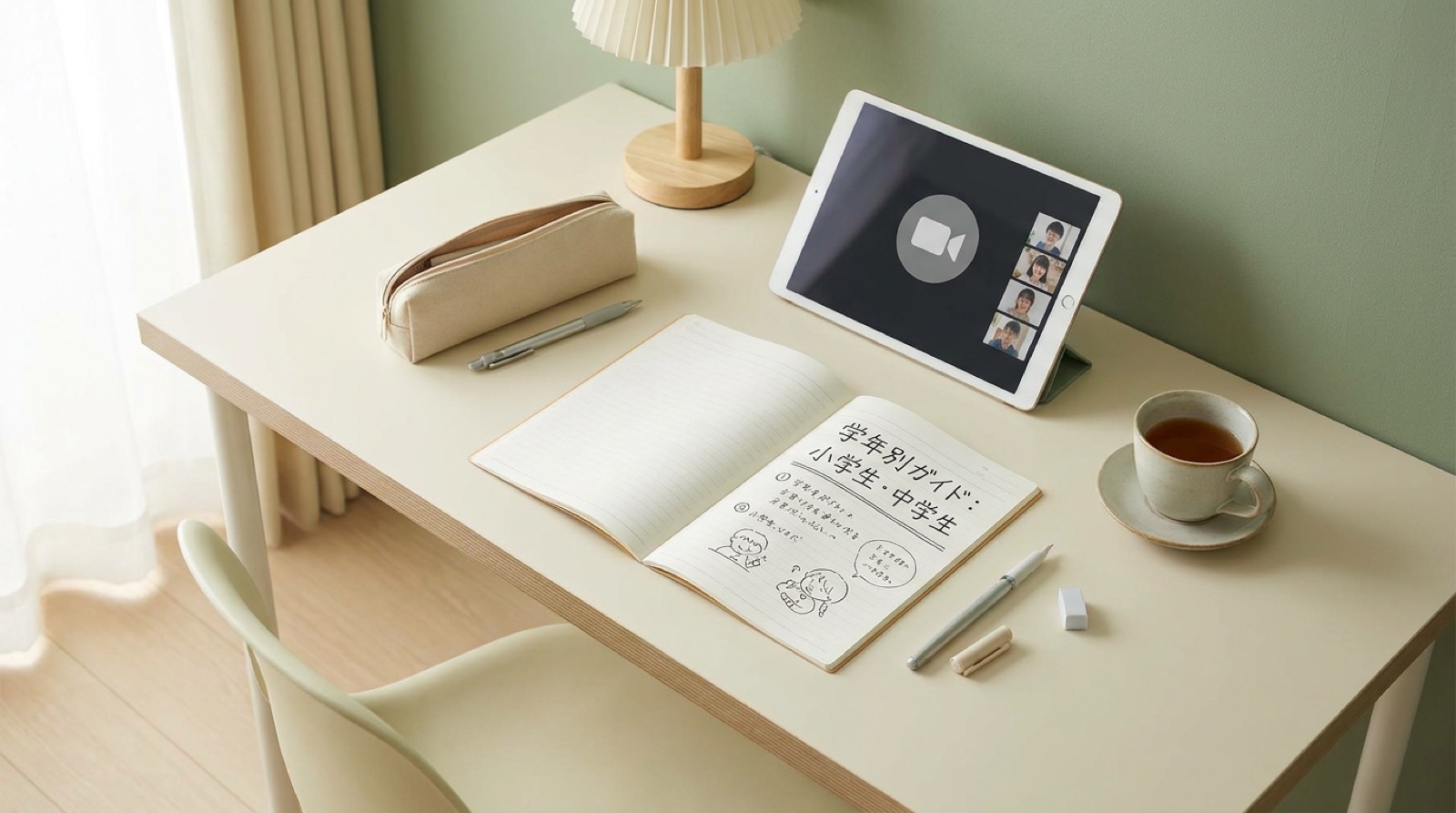 オンライン授業用のタブレットと学習ノートが置かれた机
